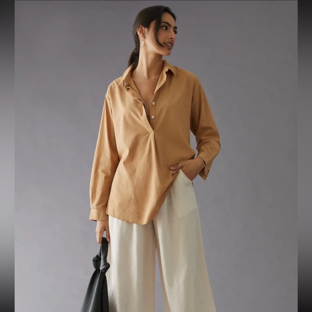 Anthropologie Tan Side Button Tunic Popover Blouse Shirt XS